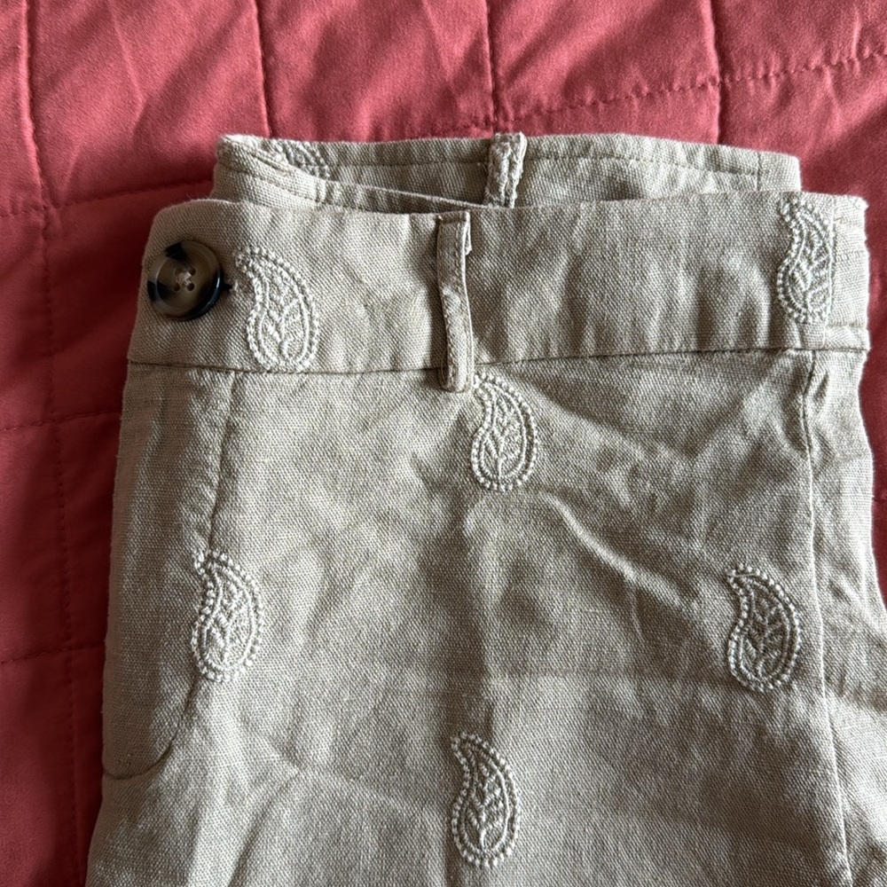 Calligraphie Tan Linen Blend Cropped Pants with paisley Embroidery Size 4